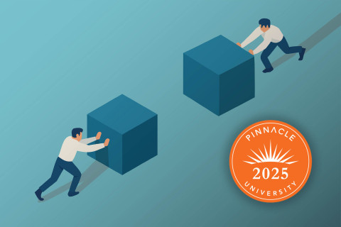 Two men pushing blue cubes together